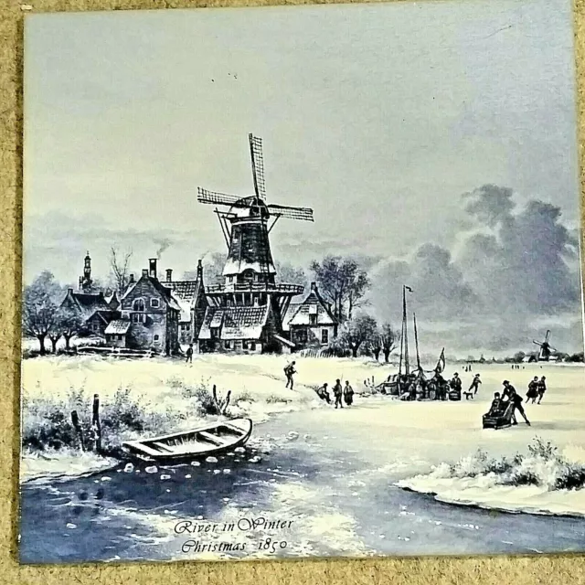Royal Mosa RIVER in WINTER CHRISTMAS 1850 6" Holland Tile Delft Blue/Gray