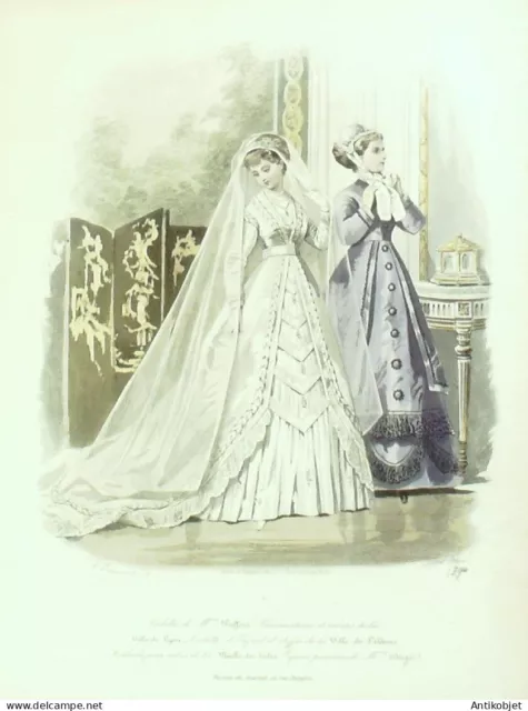 Gravure Modes parisiennes 1867 n°1290 Robe de mariée & Perkale garni