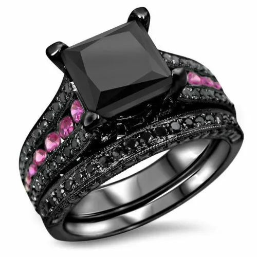 3.34 Ct Black Princess Diamond Bridal Set Black Gothic Silver Ring Lab Created