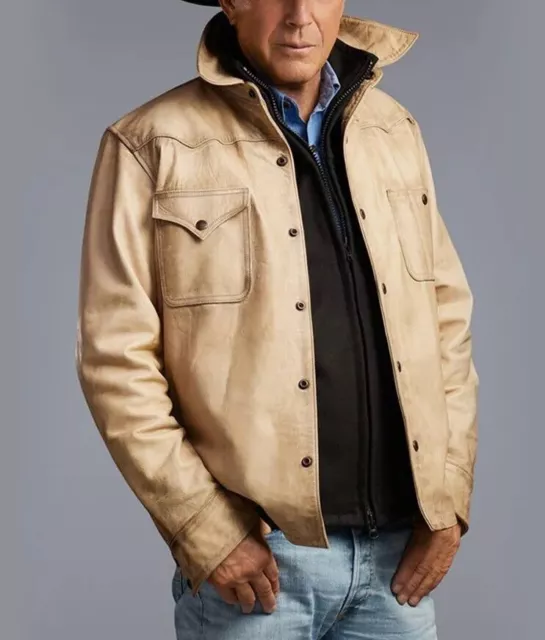 MEN'S VINTAGE COWBOY Style Off White Sheepskin Leather Jacket Limited ...