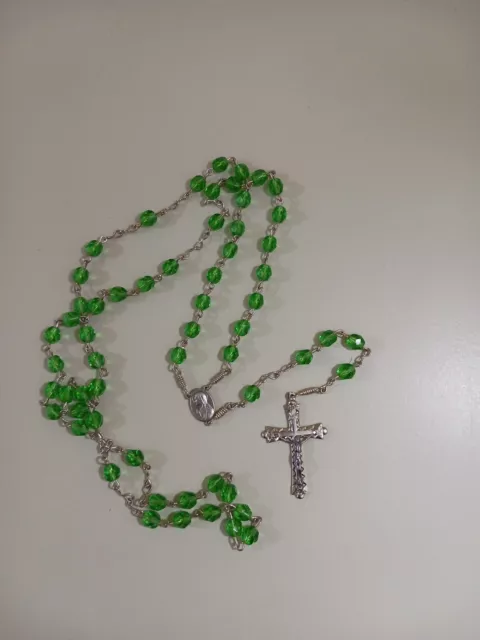 Crucifix Green Clear Beads Silver 23" Rosary