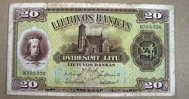 Lithuania 20 Litu Banknote, P-27a 1930, VF No pinholes no paper splits