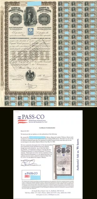 "Queen Victoria" $1,000 (Pesos) Banco De Londres Y Mexico - Stock Certificate