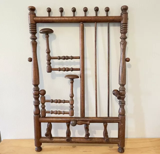 Antique Victorian Oak Stick & Ball Swing Out Arm Hat & Coat Wall Entry Rack Wood