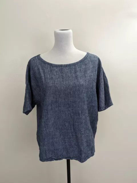 Eileen Fisher S Hemp Organic Cotton Slub Tunic Top Short Sleeve Boat Neck Blue