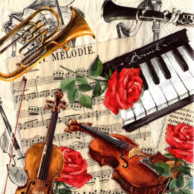 Serviettes en papier musique instruments notes fleurs. Napkins music instruments