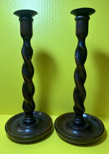 Pair Of  Antique English Dark Wood BARLEY TWIST Candlestick Holders