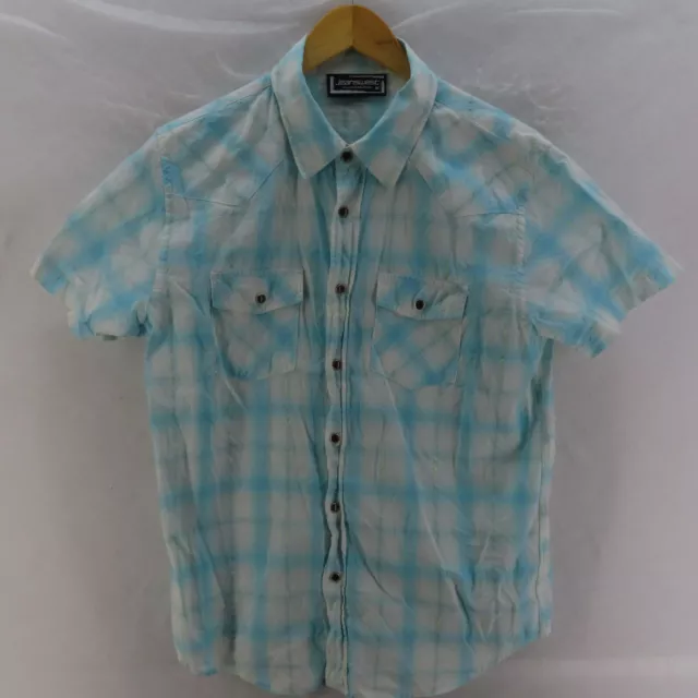 JEANSWEST Shirt Mens Adult Size Medium Blue Plaid Short Sleeve Button Up Casual