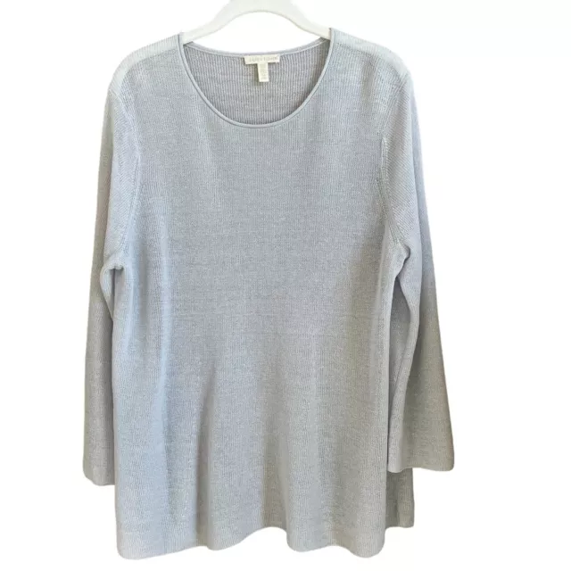 Eileen Fisher Silver Gray Open Knit Organic Linen Sweater Large Coastal Luxury