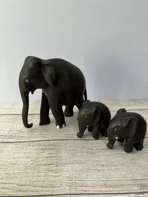 Vintage Carved Wooden Elephant Figurines, Black Wood, A/F