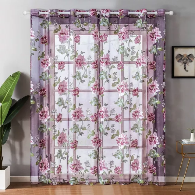 Bedroom Kitchen Floral Embroidered Tulle Sheer Curtain Window Drapes Curtains