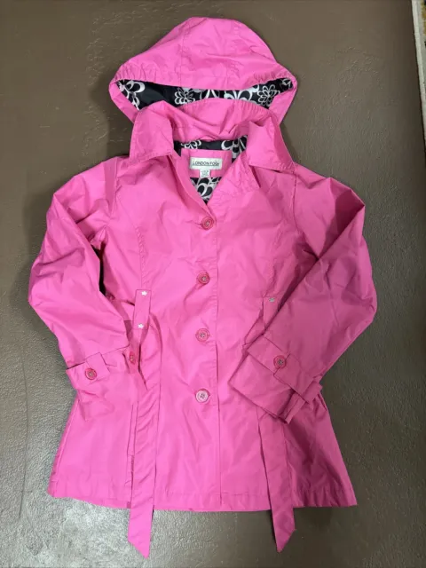 London Fog Big Girls Fuchsia Pink Button Up Hooded Belted Trench Coat L 14/16