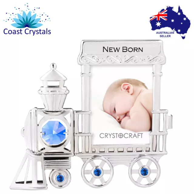 CRYSTOCRAFT Baby Boy Train Engine Photo Frame with Blue SWAROVSKI Crystals