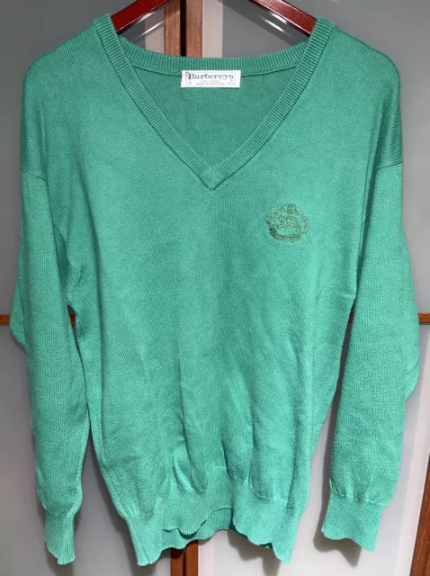 Burberrys Vintage 90s Mens Green V-Neck Sweater Knit Cotton Jumper Size 38 Euro