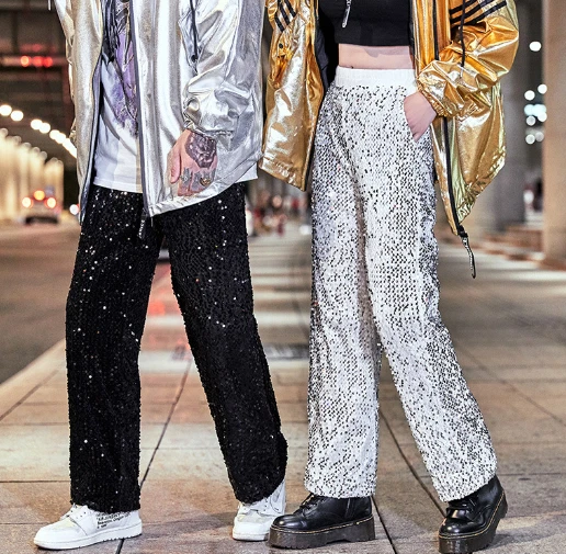 new Men Fashion Youth Glitter Sequins Party Pants Casual Stretchy Waist Trousers