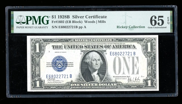 DBR 1928B $1 Silver Funnyback Gem Fr. 1602 EB Block PMG 65 EPQ Serial E68022721B