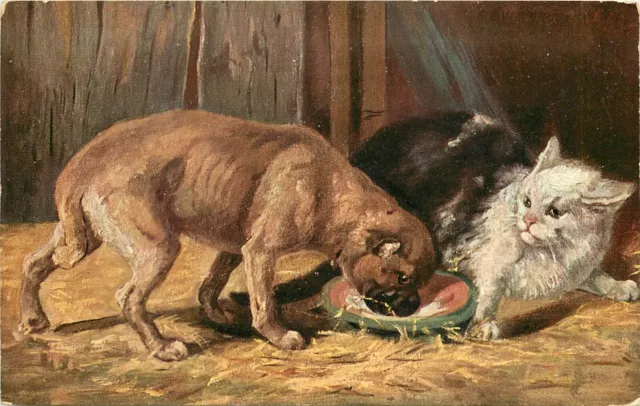 H.K.& M. Art Postcard 293/ 1814 Hungry Dog Steals Barn Cat's Saucer of Milk