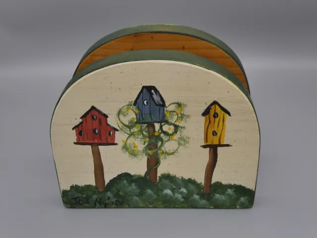 Vintage 80's Folk Art Napkin Holder Hand Painted Bird Houses Signed Wooden 6.5"