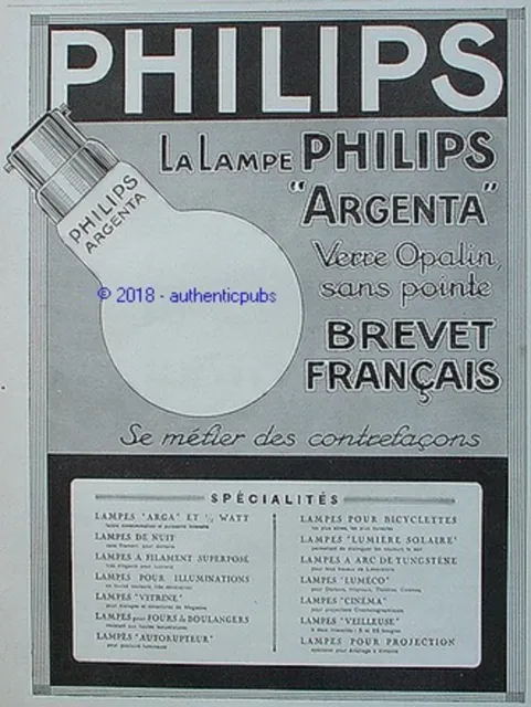 Publicite Philips La Lampe Argenta Ampoule Verre Opalin De 1924 French Ad Rare