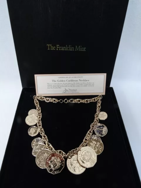 Vintage 1986 Franklin Mint The Golden Caribbean Necklace 14 Coins COA Box Papers