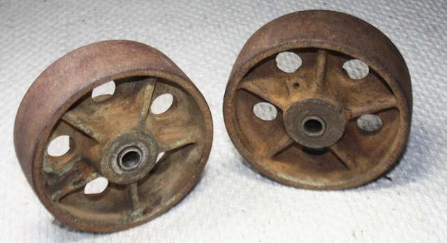 Antique Early 1900’s Set Of 2 Cast Iron 5” Dolly cart gas engine Wheels Vintage