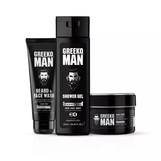 Greeko Man Gel doccia al carbone, maschera all'argilla e detergente per il viso