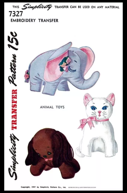 Simplicity #7327 ~3~ Stuffed Animals TOYS Fabric Pattern Elephant Dog Puppy Cat