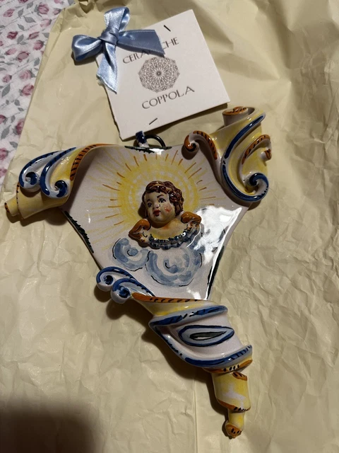 Acquasantiera  In Ceramica Maiolica Smaltata