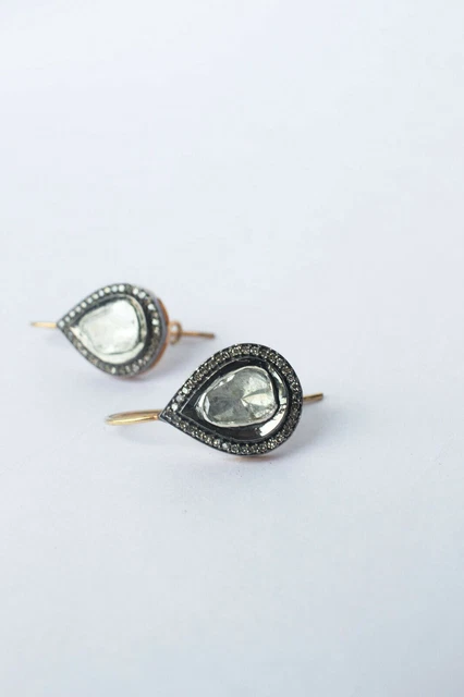 925 Sterling Silver Polki Pave Diamond Earrings Gold Plated Dangle Jewelry HG