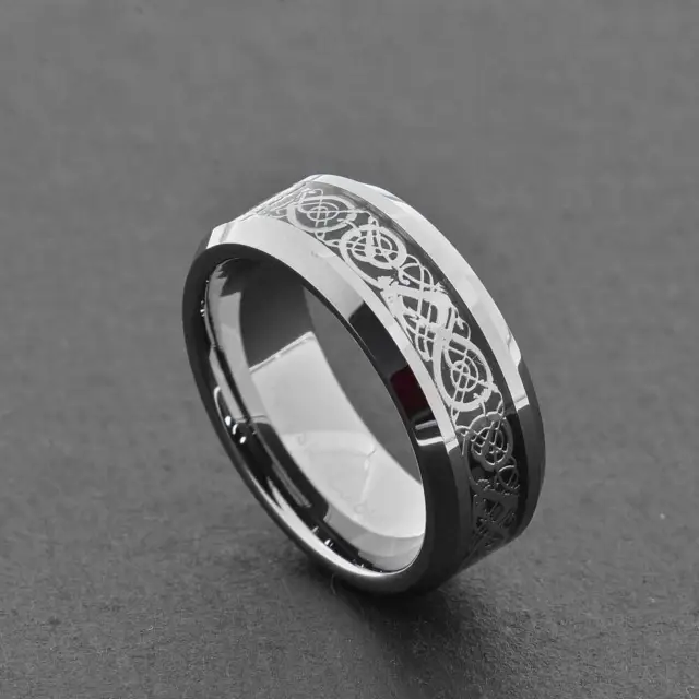 8mm Tungsten Silver Dragon Celtic Scroll Inlay Ring Men's Wedding Band