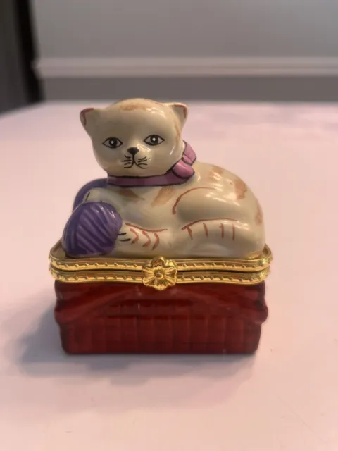 Porcelain Kitten Cat Hinged Trinket Box