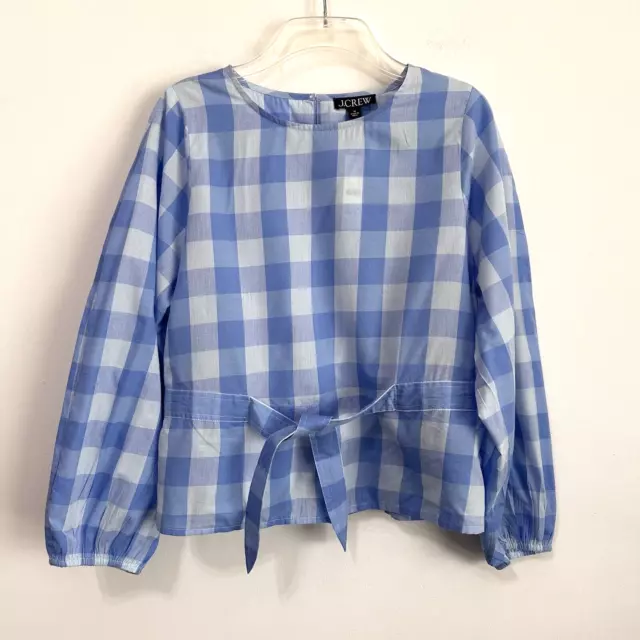 J Crew Tie Front Blouse Top M Blue Gingham Balloon Sleeve Spring Summer NEW