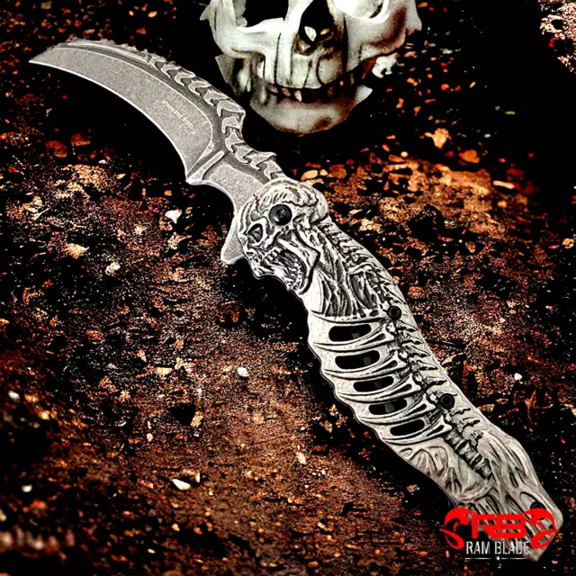 8.5" Stonewash Tactical Reaper Skeleton Folding Blade Spring Assist Pocket Knife