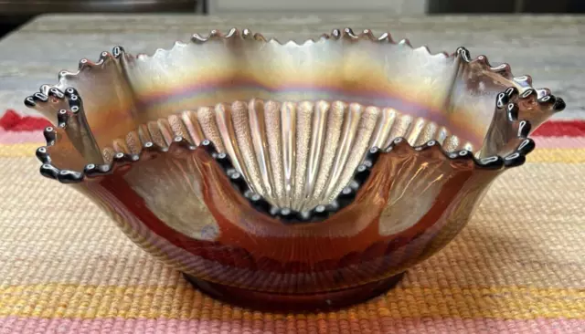Antique Northwood Stippled Rays Amethyst Carnival Glass Ruffled Edge Bowl 8.5"