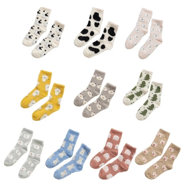Women Winter Fuzzy Plush Slipper Socks Cartoon Pattern Stockings