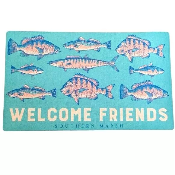 Southern Marsh Turquoise Welcome Friends With Fish Graphics Doormat Home Decor