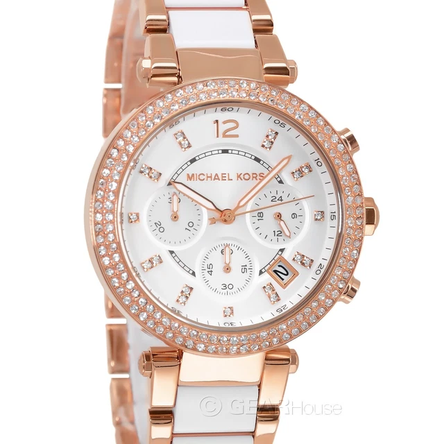 Michael Kors Womens Parker Chronograph Watch, Rose Gold White Acrylic, Crystals