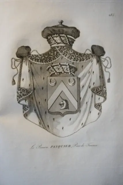 Gravure Blason Heraldique Baron Pasquier Armoiries Restauration 1815