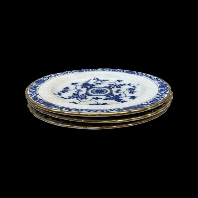 Antique Minton Cower Floral Blue and White Luncheon Plates - Set of 3- Gold Rim Antique Minton Cower Floral Blue and White Luncheon Plates - Set of 3- Gold Rim