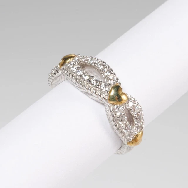Judith Ripka Gold Tone Sterling Silver Diamonique CZ Heart Band Ring Sz 7.25