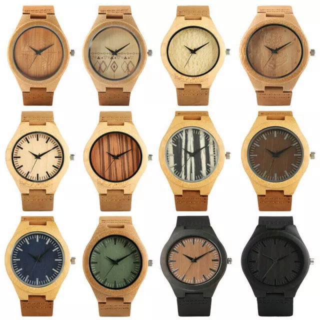 Mode Luxus Herren Damen Bambus Holz Uhr Quarz Lederband Armbanduhren
