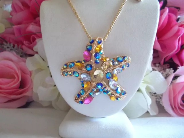 Betsey Johnson Sparkling Multicolor Crystal Inlay Starfish Pendant Necklace