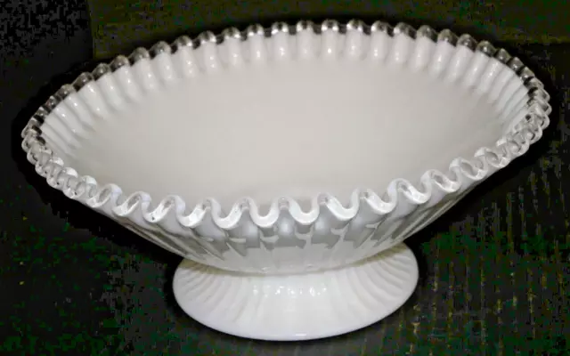 Fenton Glass White clear silvercrest ruffled rim ribbed pedestal Compote bowl