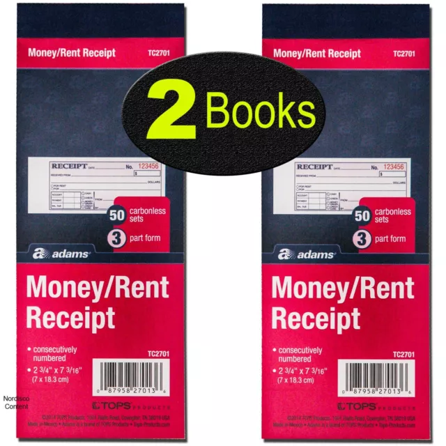 Adams TC2701 Money Rent Receipt Books, 3-Part Carbonless,  Numbered, Pack of 2