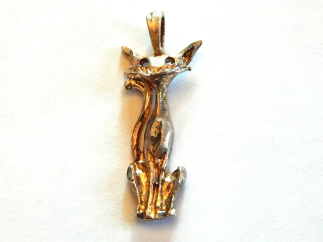 Vintage 925 Sterling Silver Cat Kitty Kitten Pendant Necklace Charm wi/ Whiskers