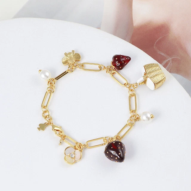 Kate Spade Strawberry Pearl Flower Basket Bee Multi-Pendant Charms Bracelet