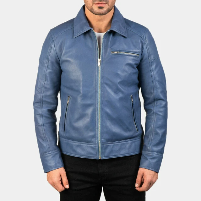 Hombre Elegante Cazadora Azul Genuino Cordero Cuero Auténtico Cremallera Delgado