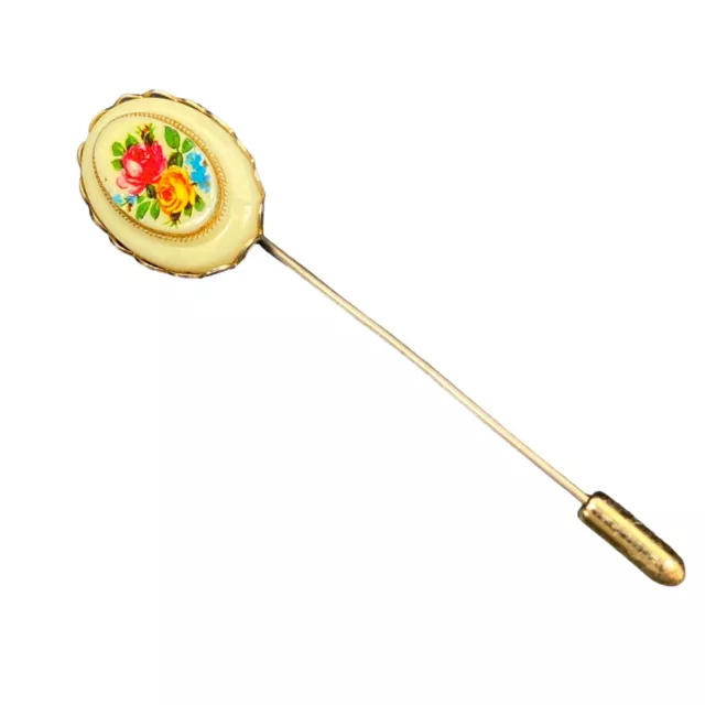 Vintage Stick Pin Goldtone Lucite Cameo Style Transfer Flowers 2.5"