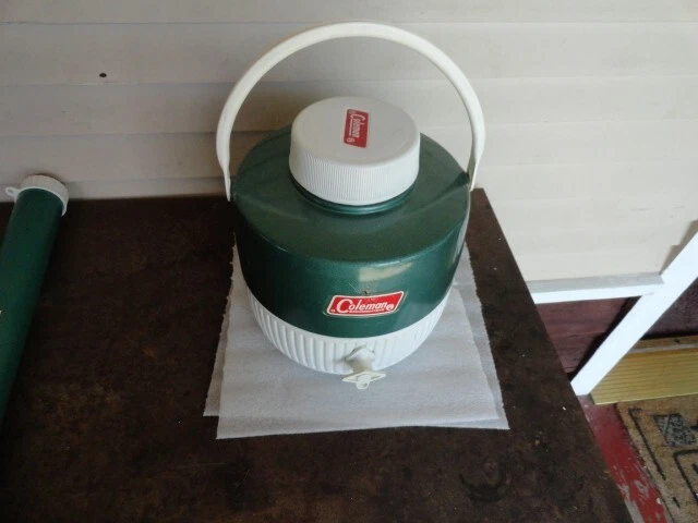 Vintage Coleman Two Tone Green Insulated Water Cooler 2 Gallon Jug W/ Drink Cup