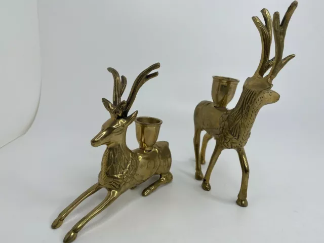 Brass Reindeer Taper Candleholders Set of Two No Candles Heavy! 2